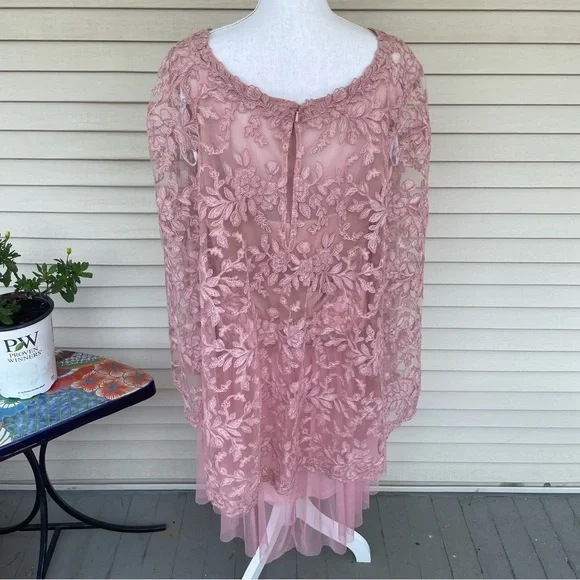 TADASHI SHOJI Embroidered Lace Cape Dress in Rose Quartz (Altered) - Picture 4 of 11